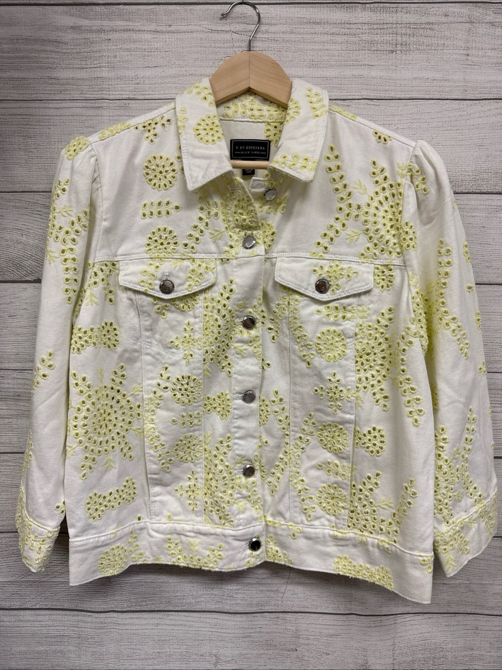 G By Giuliana Black Label Medium White Denim Jacket With Eyelet Embroidery